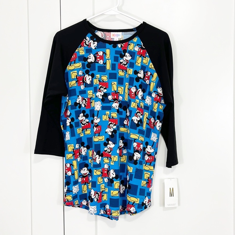 New LuLaRoe Medium Blue and Black Mickey Mouse Disney Randy Ringer T-Shirt